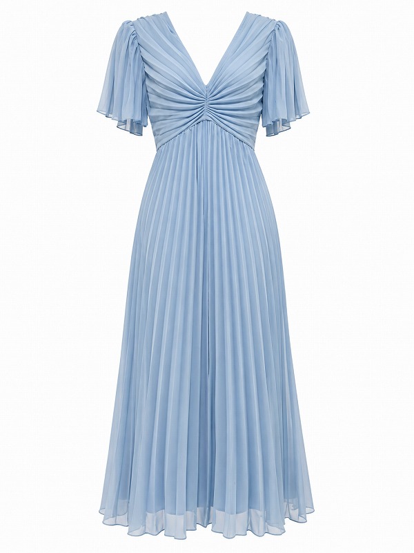 【新品DRESS 1934】シフォンギャザープリーツミモレ丈ロングドレス ブルー【asos】